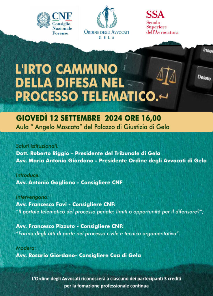 12 settembre – Evento “L’irto cammino della difesa nel processo telematico”